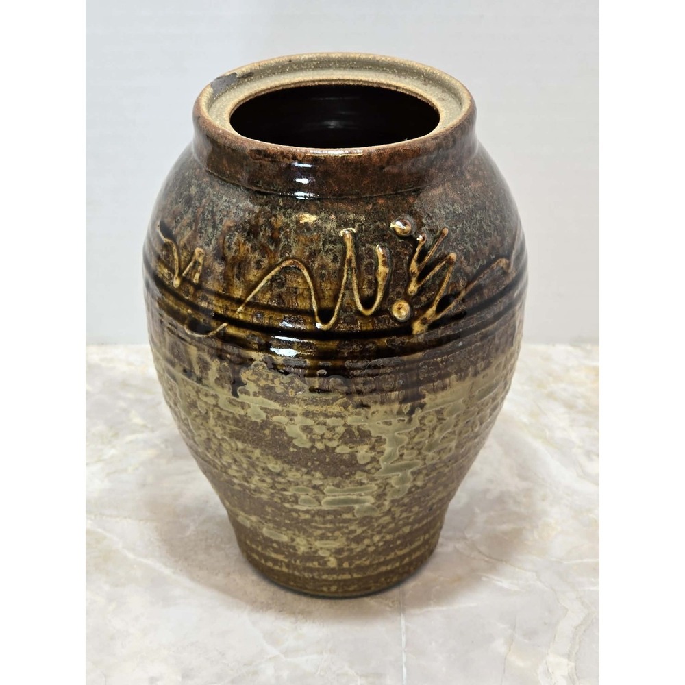 Studio Pottery Vase‎ Signed Brown Drip Glaze Boho Rustic Vintage GUC